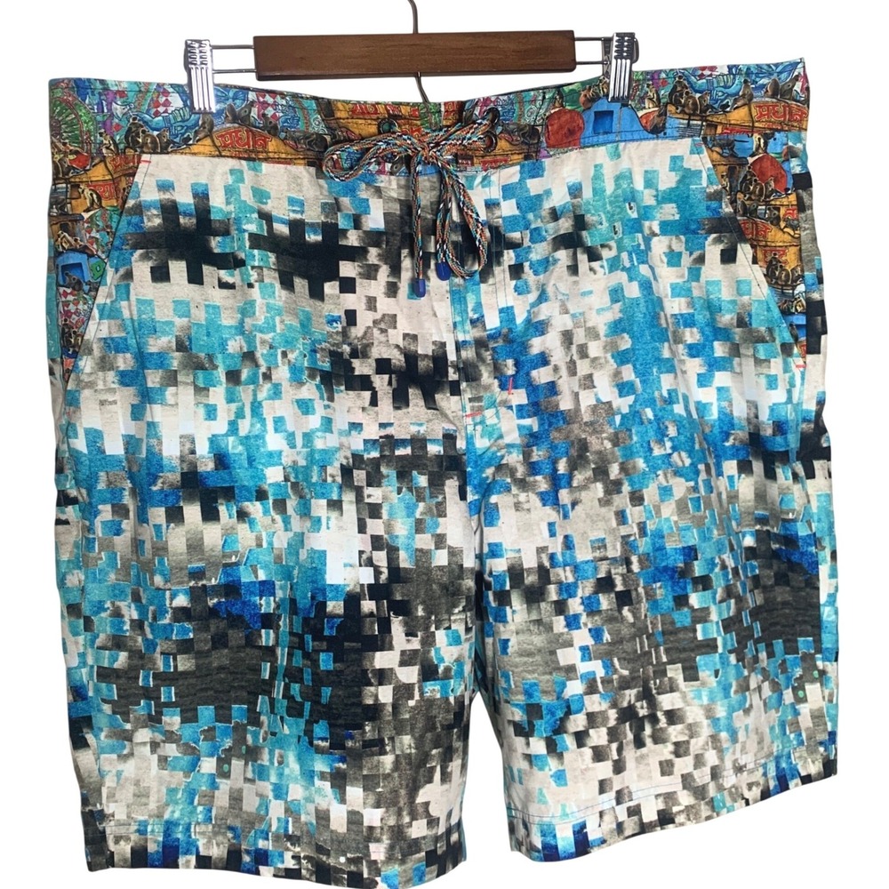 Robert Graham Swim Trunks Mens 42 Blue Pixelated Digital Print Board Shorts